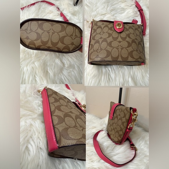 Coach c2817 Addie Crossbody In Signature Canvas Khaki Fuschia Org $328 - Picture 4 of 13